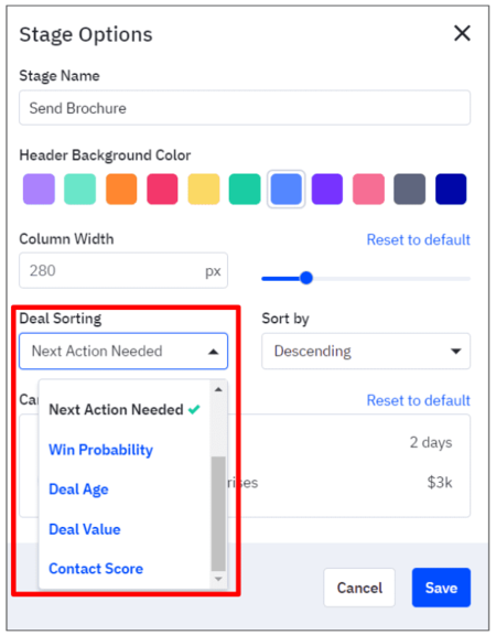 deal sorting options in an ActiveCampaign sales pipeline