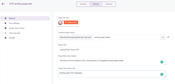 engagebay review landing page settings