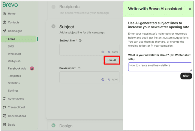 escritor de líneas de asunto Brevo AI