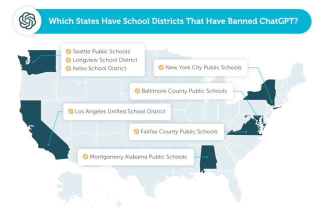 estados que tienen distritos escolares que han prohibido el uso de ChatGPT