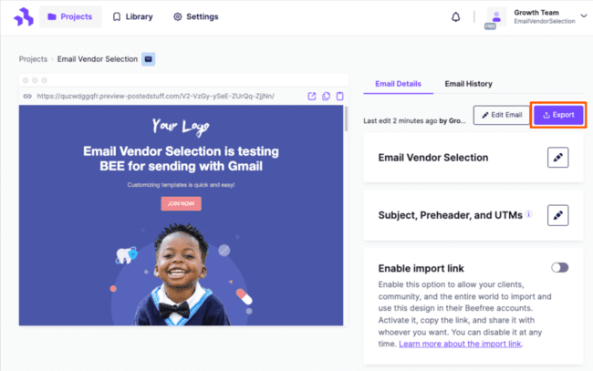 export html email Beefree builder editor