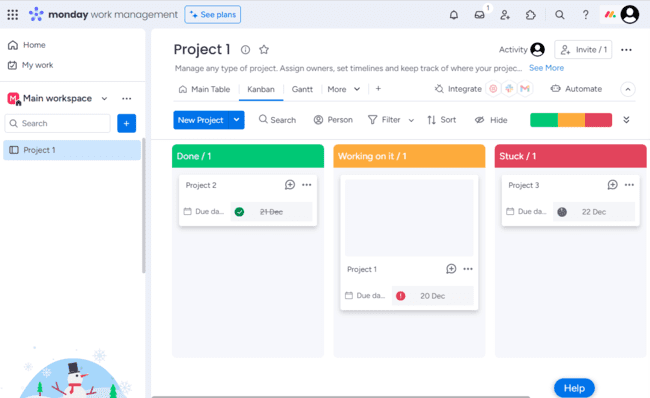 monday.com Kanban board to manage projects