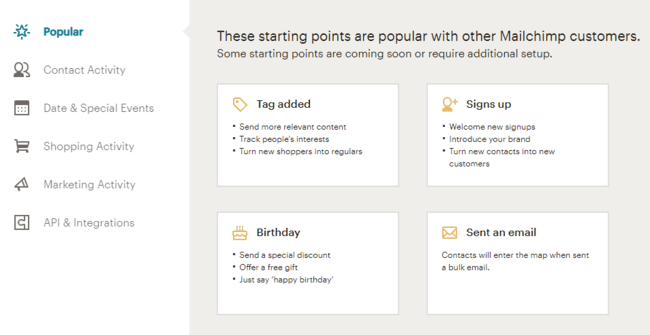opciones de activación para lanzar automatizaciones en Mailchimp