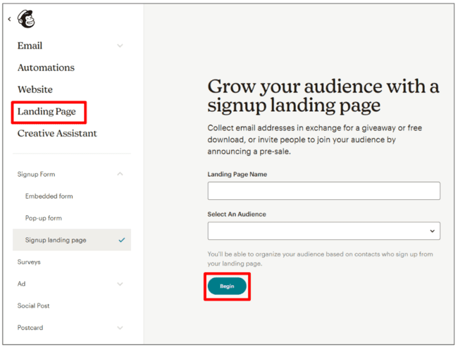 opciones de la página de destino de Mailchimp