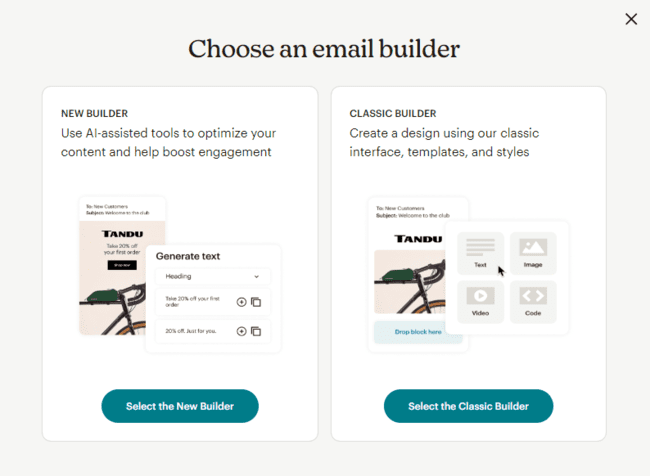 opciones del creador de correo electrónico de Mailchimp