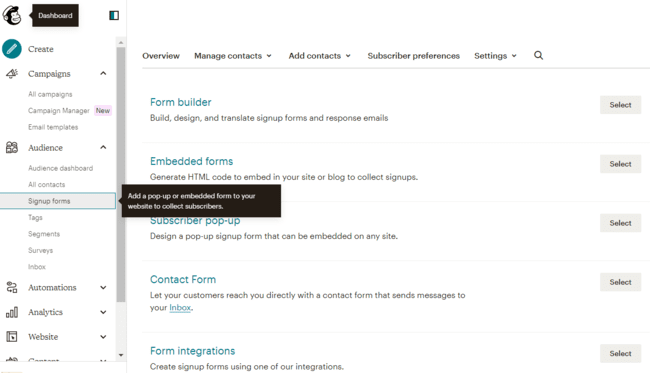 opciones para crear formularios de suscripción en Mailchimp