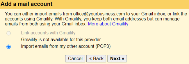 opciones para vincular o importar una cuenta de correo electrónico existente a Gmail