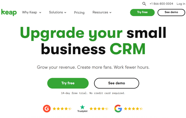 página de inicio del software Keap crm