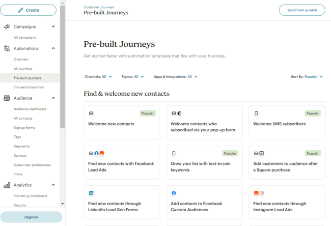 plantillas de automatización prediseñadas de Mailchimp para el recorrido del cliente