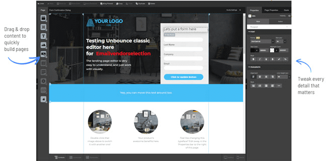 revisión en vivo del editor de landing pages de unbounce
