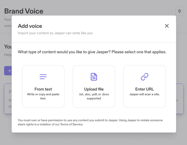 selecting content option in Jasper