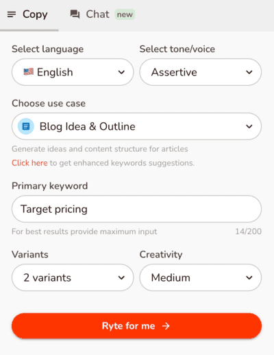 setting up the tone of voice in Rytr