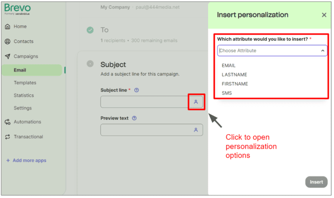subject line personalization in Brevo