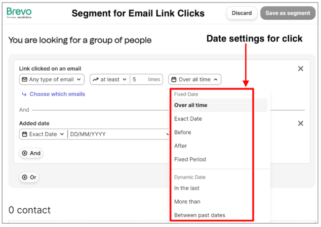 time options link click filters in Brevo
