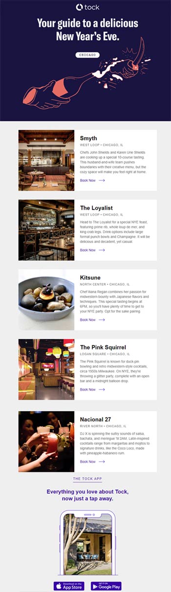 tock email marketing newsletter example local segmentation