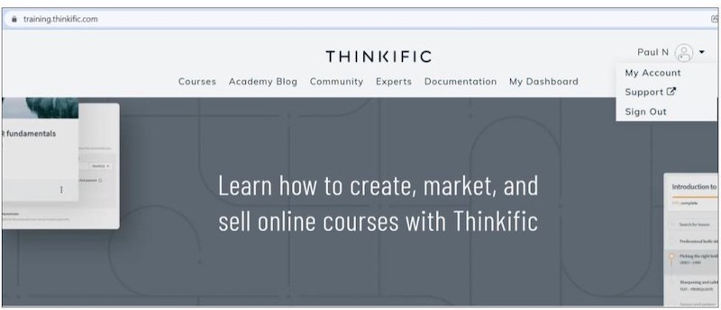 Home page of Thinkific’s own course site, training.thinkific.com