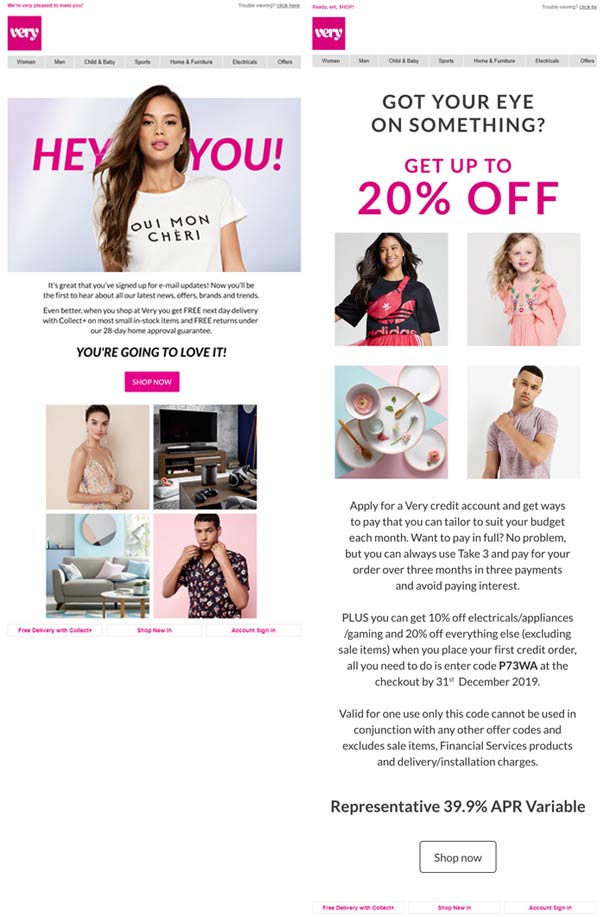 ecommerce welcome email flow example side by side